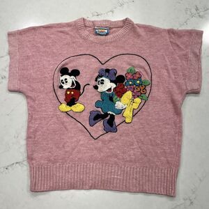 Sunday Comics Sweater M Vintage Mickey Minnie Flowers Short Sleeve Pink Textured